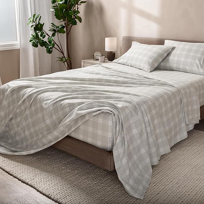 Bare Home Cotton Flannel Sheet Set Prints, 100% Cotton, Velvety Soft Heavyweight - Double Brushed for Softness & Comfort - Deep Pocket - Bed Sheet (Twin XL, Checkered Plaid - Light Grey)