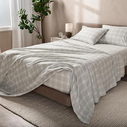 Bare Home Cotton Flannel Sheet Set Prints, 100% Cotton, Velvety Soft Heavyweight - Double Brushed for Softness & Comfort - Deep Pocket - Bed Sheet (King, Checkered Plaid - Light Grey)