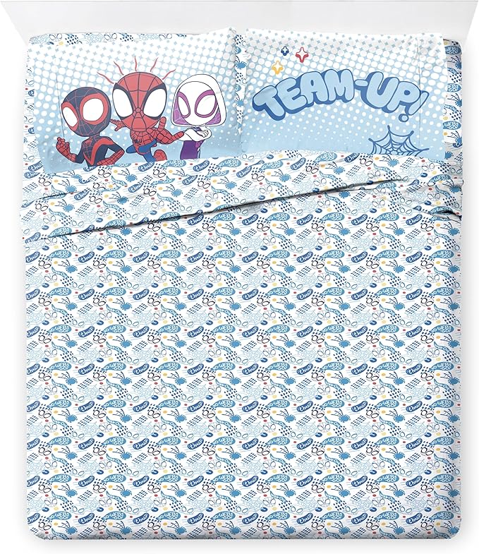 Jay Franco Kids Comforter Set Includes Sheets and Pillow Covers - Soft and Cozy Bed Set for Stylish Room Decor, Light Blue - Spidey & His Amazing Friends, 7 Piece Full Bedding