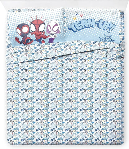 Jay Franco Kids Comforter Set Includes Sheets and Pillow Covers - Soft and Cozy Bed Set for Stylish Room Decor, Light Blue - Spidey & His Amazing Friends, 7 Piece Full Bedding