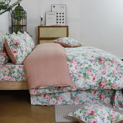 FADFAY Duvet Cover Set Full Pink Rose Floral Bedding French Country Peony Flower Quilt Cover Set Vintage Farmhouse Bedding 100% Cotton Soft Comforter Cover with Hidden Zipper Closure 3Pcs, Full Size