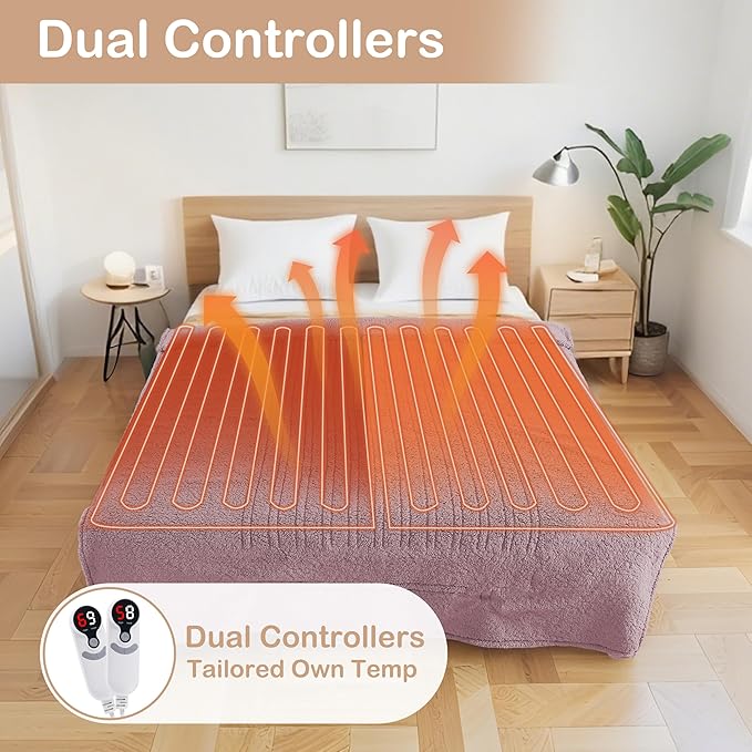 Electric Heated Blanket Queen Size 84"×90" Dual Control, 6 Heating Settings & 1-10H Auto Off, Heating Double Sided Plush Sherpa, Fast Heating, Machine Washable Light Purple