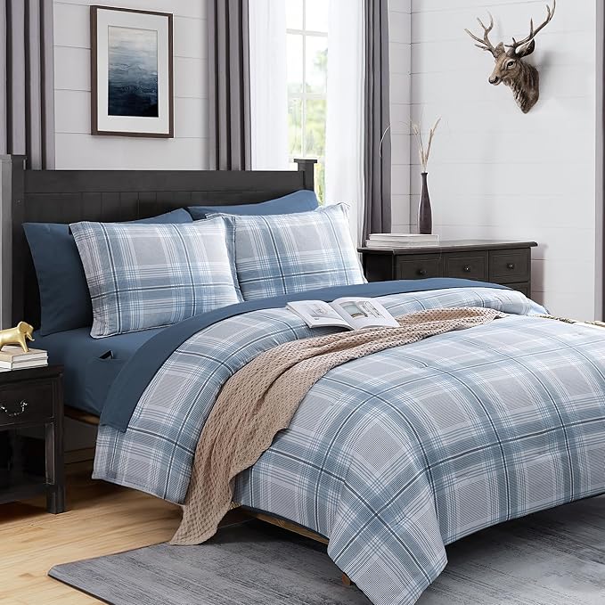 MaiRêve Plaid Full Comforter Sets, Light Blue Grid Farmhouse Bedding Set Bed in A Bag, Classic Checkered Comforter Sets with Fitted & Flat Sheet, Pillowcases & Shams(Light Blue, 80"x90")