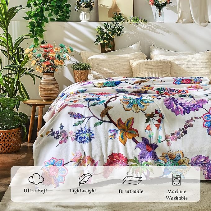Floral Throw Blanket Birthday Gift for Women Mom Girls Peacock Flowers Blanket Summer Wildflower Flannel Blanket Watercolor Printed Throw for Couch Sofa Bed Chair 60"x80"