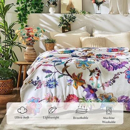 Floral Throw Blanket Birthday Gift for Women Mom Girls Peacock Flowers Blanket Summer Wildflower Flannel Blanket Watercolor Printed Throw for Couch Sofa Bed Chair 50"x60"