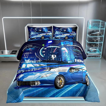Feelyou Boys Sports Car Comforter Set for Kids - Extreme Sports Bedding Set with 1 Comforter and 1 Pillowcase, Twin Size, Blue
