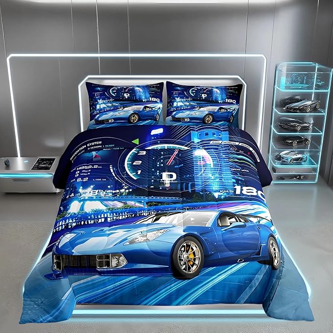 Feelyou Boys Race Car Down Duvet Cool Sports Car Comforter Set for Kids Boys Girls Extreme Sports Bedding Set Blue Automobile Car Comforter 1 Comforter Set with 2 Pillowcases King Size