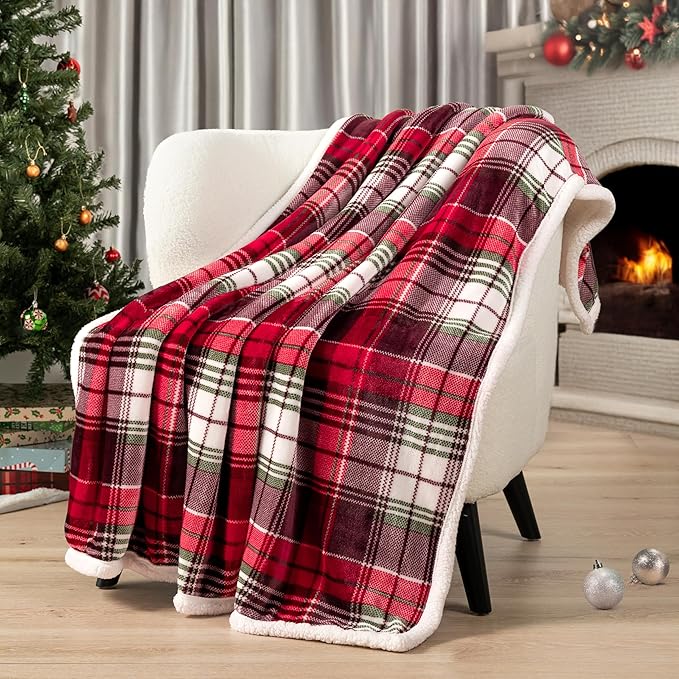 PAVILIA Red Green Christmas Plaid Sherpa Throw Blanket, Holiday Fleece Blanket 60" x 80", Soft Flannel Plush Throw for Couch, Sofa & Bed, Festive Winter Home Decor, Cozy