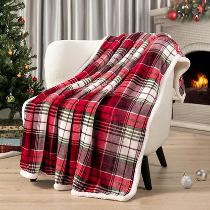 PAVILIA Red Green Christmas Plaid Sherpa Throw Blanket, Holiday Fleece Blanket 60" x 80", Soft Flannel Plush Throw for Couch, Sofa & Bed, Festive Winter Home Decor, Cozy