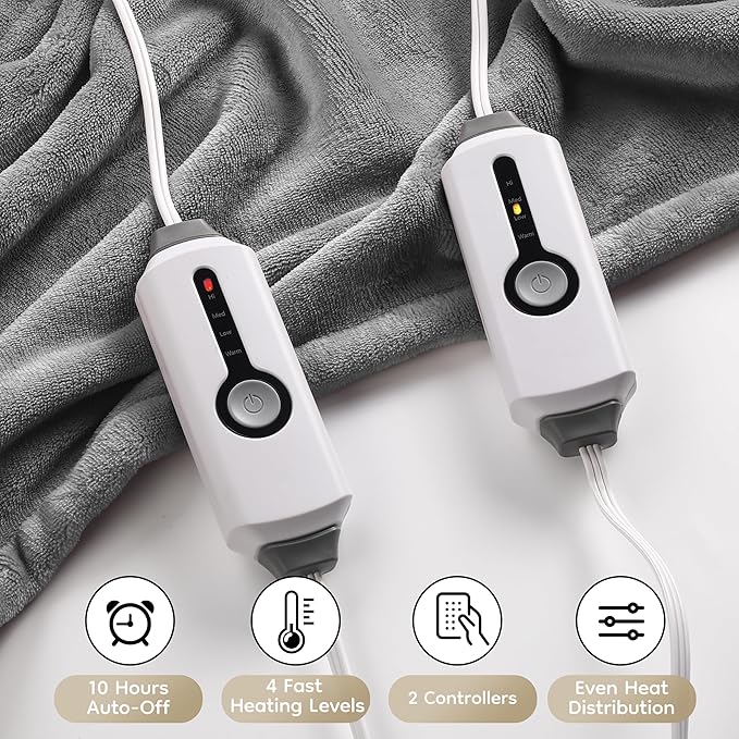 Electric Heated Blanket King Size 90×100, Comfortable & Luxurious Flannel, 4 Heating Levels & 10 H Auto Shut Off, Light Grey