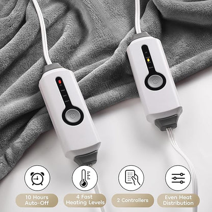 Electric Heated Blanket King Size 90×100, Comfortable & Luxurious Flannel, 4 Heating Levels & 10 H Auto Shut Off, Light Grey
