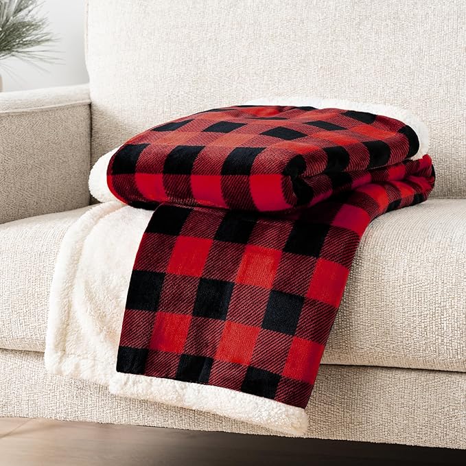 PAVILIA Buffalo Check Sherpa Blanket Throw Queen,Red Black Checkered Flannel Fleece Blanket,Christmas Plaid Warm Plush Microfiber Blanket for Couch Sofa,90x90 Inches