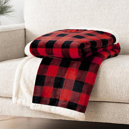 PAVILIA Buffalo Check Sherpa Blanket Throw Queen,Red Black Checkered Flannel Fleece Blanket,Christmas Plaid Warm Plush Microfiber Blanket for Couch Sofa,90x90 Inches