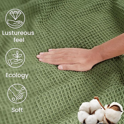 Tex Trend Waffle Blanket – 100% Cotton Blankets Queen Size – Breathable and Soft for Christmas – Suitable for Bed Layering, Sofa & Couch - Sage Green (90”x90”)