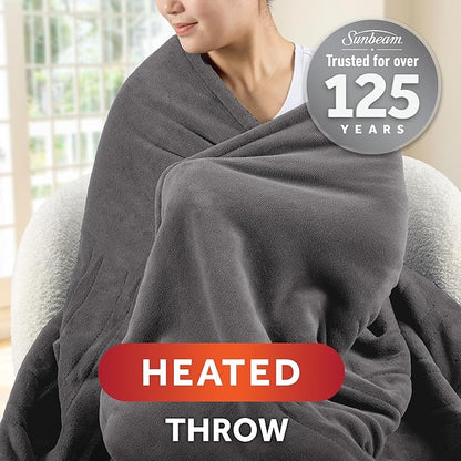 Sunbeam Electric Throw Royal Luxe Microplush Heated Blanket, 4 Heat Settings, 4-Hour Auto Shut-Off, Fast Heating, Warm and Cozy, Dove Grey Color, 50" x 60"