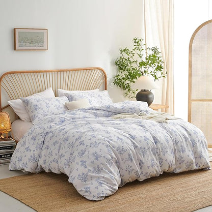 Blue White Floral Duvet Cover Queen Size Romantic Flower Bedding Set Kids Boys Girls Women 3Pcs Hand Drawn Style Botanical Spring Aesthetic Leaves Reversible Comforter Cover with 2 Pillowcases