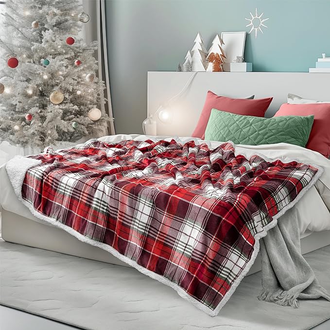 PAVILIA Red Green Christmas Plaid Sherpa Throw Blanket, Holiday Fleece Blanket 60" x 80", Soft Flannel Plush Throw for Couch, Sofa & Bed, Festive Winter Home Decor, Cozy