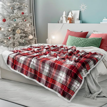 PAVILIA Red Green Christmas Plaid Sherpa Throw Blanket, Holiday Fleece Blanket 60" x 80", Soft Flannel Plush Throw for Couch, Sofa & Bed, Festive Winter Home Decor, Cozy