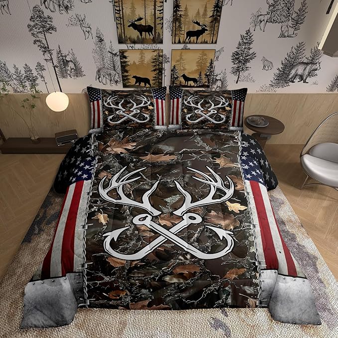 Deer Antler Fishing Comforter Set King Size,Boys Vintage American Flag Bedding Set for Kids Teens Men Room Decor Brown Jungle Branches Camo Quilted Duvet Adventure Hunting Duvet Insert 3Pcs
