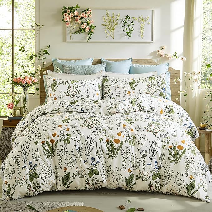 Duvet Cover Queen Size - 100% Cotton Reversible Floral Queen Duvet Cover Set with Zipper Closure, 3 Pieces Soft & Breathable Green Bedding Set for All Seasons