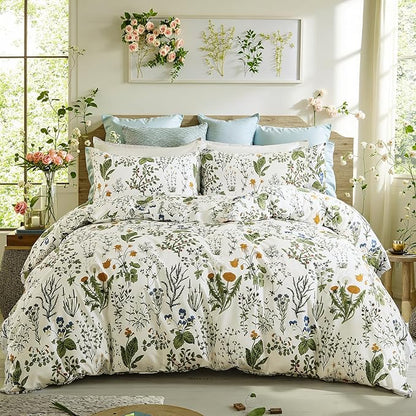 Duvet Cover Queen Size - 100% Cotton Reversible Floral Queen Duvet Cover Set with Zipper Closure, 3 Pieces Soft & Breathable Green Bedding Set for All Seasons