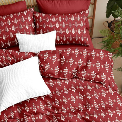 Red Christmas Duvet Cover King Xmas Bedding Set Pine Tree Snowflakes Pattern, Christmas Theme Bedding for Guest Room Bedroom Decor Soft Microfiber Comforter Cover with 2 Pillowcases