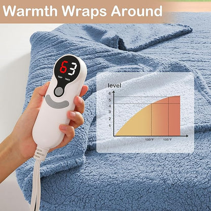 Electric Heated Blanket Full Size 72"×84" with 6 Heating Levels & 1-10Hs Auto Off, Heating Blanket Double Sided Plush Sherpa, Fast Heating, Machine Washable for Christmas Gift - Light Blue