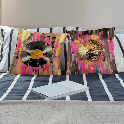 Retro Trendy Vinyl Disco Ball Pillow Covers 18x18 Set of 2, Colorful Maximalist Vinyl Record Glam Mirror Ball Decorative Throw Pillow Covers for Home Bedroom Music Room Studio