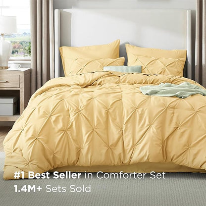 Bedsure King Size Comforter Set Yellow - Bed in a Bag Bedding Set 7 Pieces, GentleSoft™ Pintuck Bed Set Gift for Family, Pinch Pleat Yellow Comforter with Sheets, Pillowcases & Shams
