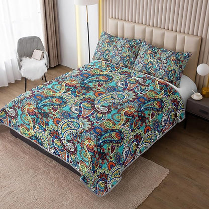 Boho Style Full Quilt Set,Bohemian Floral Quilt Beddding Set for Adults,Soft and Lightweight Bed Set for All Season,Colorful Quilted Beddding with 2 Pillowcases.