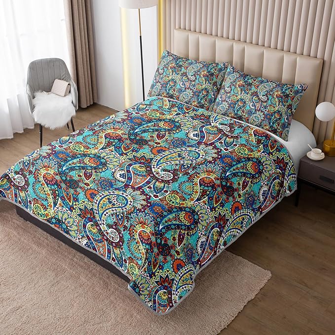Boho Style King Quilt Set,Bohemian Floral Quilt Beddding Set for Adults,Soft and Lightweight Bed Set for All Season,Colorful Quilted Beddding with 2 Pillowcases.