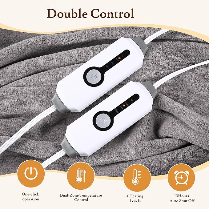 Electric Heated Blanket 90"x100" King Size - 4 Heat Settings & Dual Controllers, 10H Auto Shut Off, Ultra-Soft Coral Fleece Heated Blanket with Overheat Protection, Light Grey