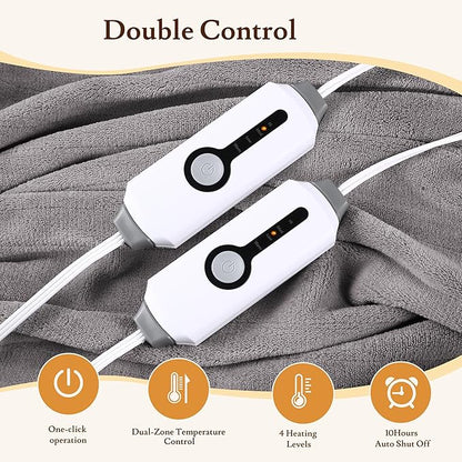 Electric Heated Blanket 90"x100" King Size - 4 Heat Settings & Dual Controllers, 10H Auto Shut Off, Ultra-Soft Coral Fleece Heated Blanket with Overheat Protection, Light Grey