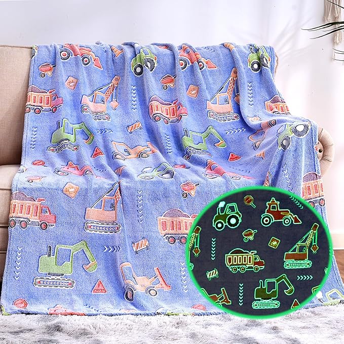 Glow in The Dark Blanket for Boys,Construction Truck Throw Blanket for Kids Truck Toys Gift for Boys Warm Kids Excavator Car Theme Decor Blanket for Couch Sofa Bedroom,50x60 Inches
