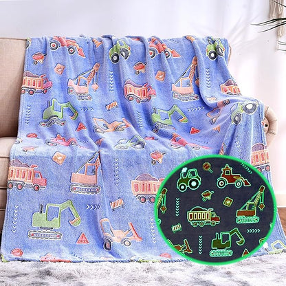 Glow in The Dark Blanket for Boys,Construction Truck Throw Blanket for Kids Truck Toys Gift for Boys Warm Kids Excavator Car Theme Decor Blanket for Couch Sofa Bedroom,50x60 Inches