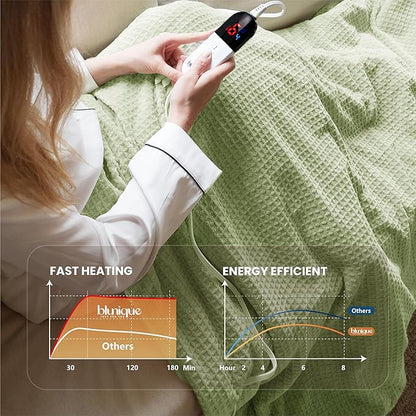 Heated Blanket Electric Throw Waffle, 50x60 Inches Sherpa Fleece Fast Heating Blanket 6 Heating Levels & 4 Hours Auto Off ETL Certification, Sage Throw