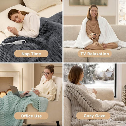 Bedsure Heated Blanket Electric Throw - Thick Striped Flannel Electric Blanket, Heating with 4 Time Settings, 6 Heat Settings, and 3-Hour Timer Auto Shut Off, Gift for Grandma (50x60 inches, Grey)