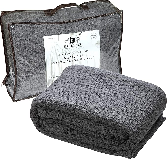 HILLFAIR 100% Combed Cotton Blanket– Twin Bed Blanket– Soft Cozy Warm Multipurpose Throws for Luxury Home Decor– 66 x 90 inch Twin XL Size Cotton Blankets for Beds- Bed Blankets for All Season- Grey