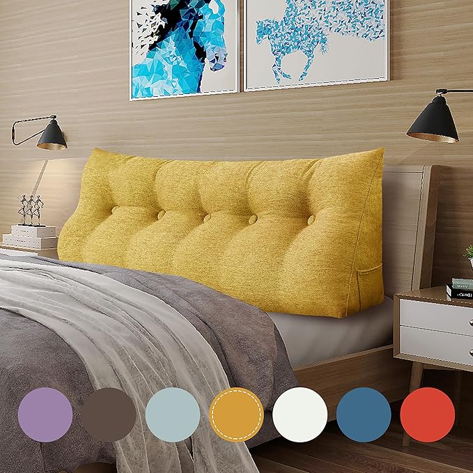 Wedge Headboard Pillow Dorm Room Reading Pillow Back Support for Sitting Up in Bed Bolster Lumbar Cushion Body Positioning Bedrest Gift for Mom Cotton Linen 59in Yellow Queen