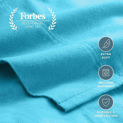 Bare Home Flannel Sheet Set 100% Cotton, Velvety Soft Heavyweight - Double Brushed Flannel - Deep Pocket (Queen, Aqua)