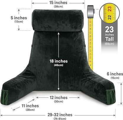 Husband Pillow Medium Dark Green, Backrest Kids, Teens, Petite Adults - Reading Pillows with Arms, Adjustable Loft, Plush Memory Foam, Bed Rest Chair Sitting Up, Detach Neck Roll, Removable Cover