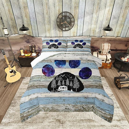 Castle Fairy Rustic Farmhouse Full Size Comforter Set Vintage Wood Bedding Set for Kids Adults Teens Blue Starry Sky Comforter Luxury Bear Print Quilt Set Room Decor 3Pcs