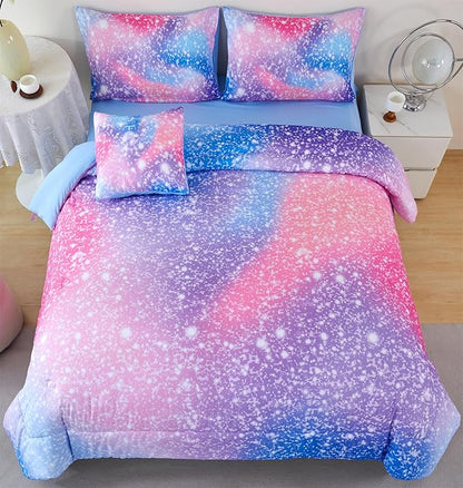 RYNGHIPY 6Pcs Girls Bedding Set Full Size Colorful Rainbow Comforter Set for Kids Teens Girls Glitter Bedding Set Lightweight Fluffy