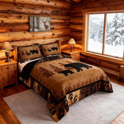 Feelyou Bear Comforter Set Full Size Farmhouse Wild Animal Comforter Retro Bear Family Bedding Set for Kids Boys Girls Brown Bear Paws Duvet Set Rustic Bedroom Decor Quilted Set 3Pcs