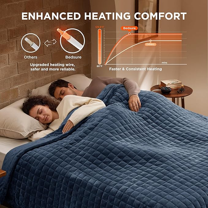 Bedsure Electric Blanket Queen Size - Dual Control Heated Blanket Queen with 10 Heat Settings, Thick Heating Blanket with 10 Time Settings, Fast Heating Quilted Blanket (84x90 inches, Bering Sea)