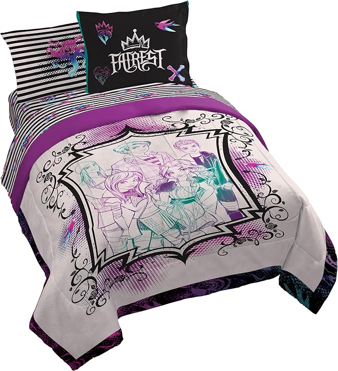Jay Franco Kids Comforter Set Includes Sheets and Pillow Cover - Soft and Cozy Bed Set for Stylish Room Décor, Multi - Descendants, 7 Piece Queen