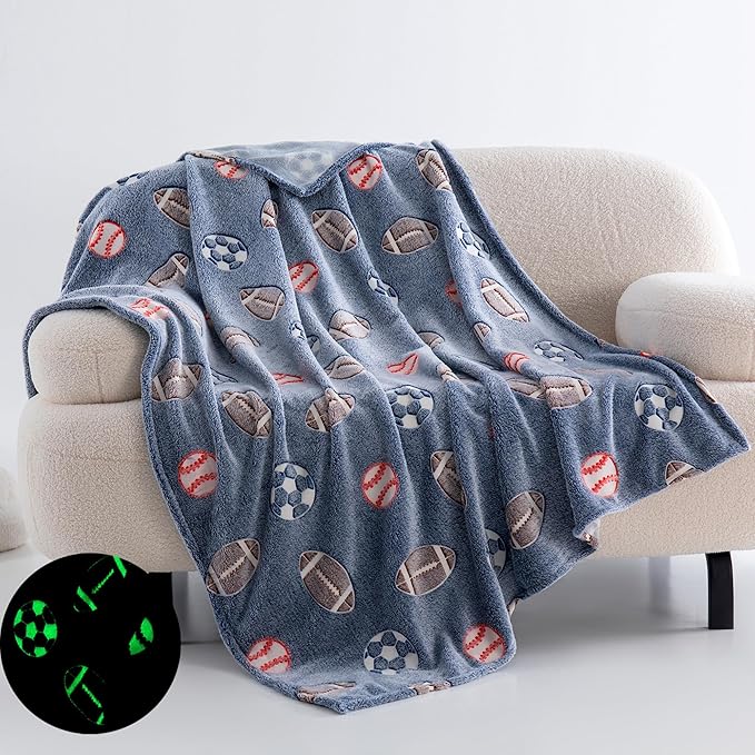 QSTEHEML Soccer Glow in The Dark Blanket,Football Gifts Toys for Kids Boys Age 3-12 Years Old,Birthday, for Toddler, Teen, Son, Soft Luminous Throw Blanket 50"×60"