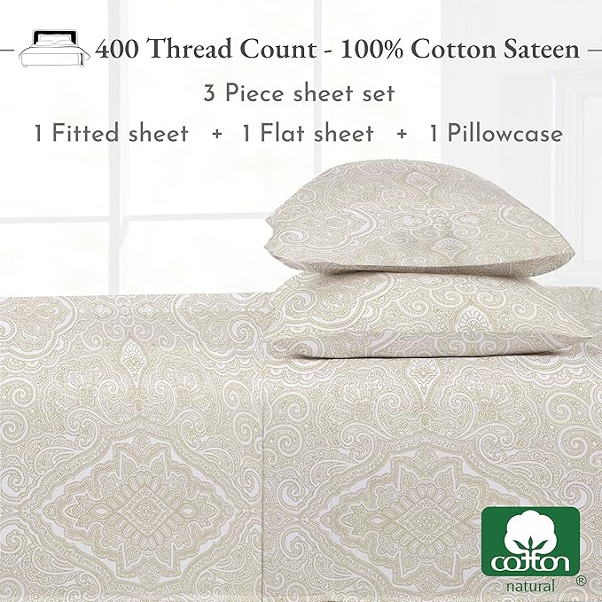 California Design Den Deep Pocket Twin Sheets Set - 400 Thread Count Sateen, Natural 100% Cotton Sheets, and Durable Bedding Set - Paisley Beige
