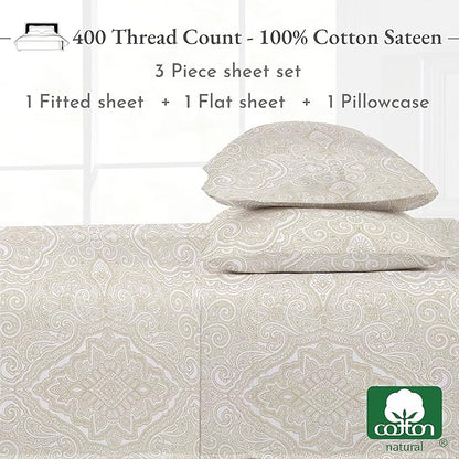 California Design Den Deep Pocket Twin Sheets Set - 400 Thread Count Sateen, Natural 100% Cotton Sheets, and Durable Bedding Set - Paisley Beige