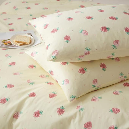 AOJIM Pure Cotton Kids Duvet Cover with Small Strawberries, Soft Bedding Comforter Cover Set 3pcs, 1 Cute Reversible Girls Quilt Cover Twin Size and 2 Pillowcases for Room Deocr, Machine Washable